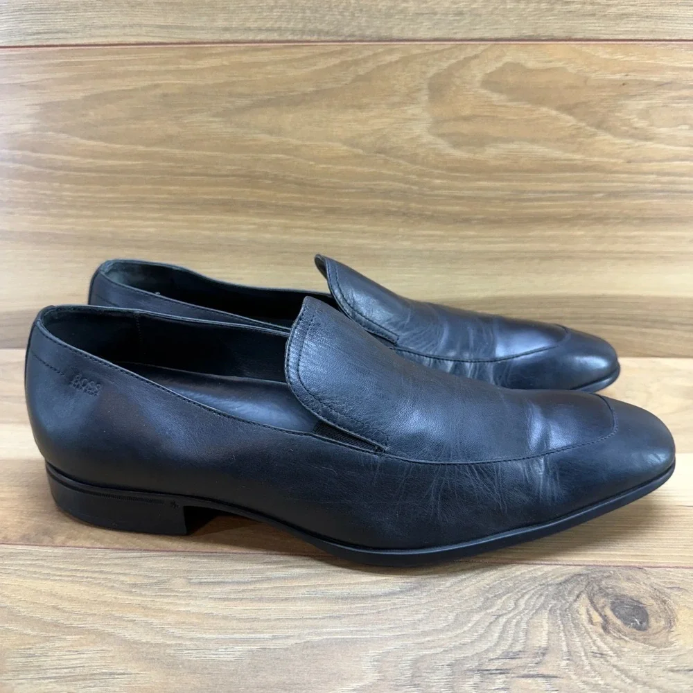 HUGO BOSS Dress Loafers Mens 9 Black Leather Square Toe